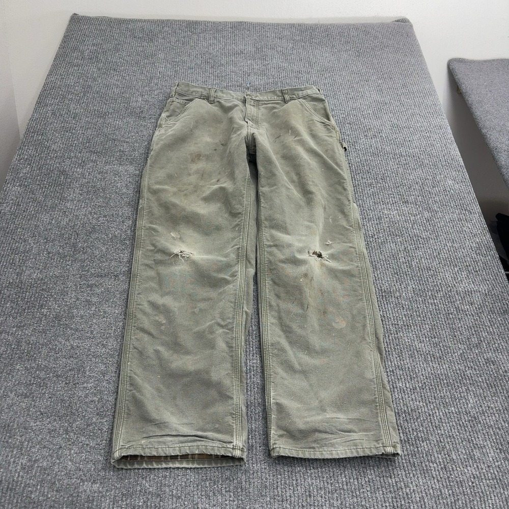 Carhartt Pants Mens 36x34 Green Cotton Flannel Lined B111-MOS Loose Fit Workwear
